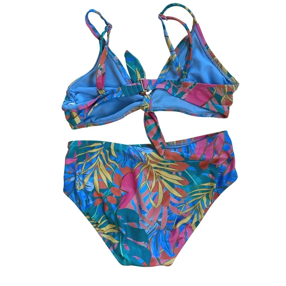 Kona Sol Womens Tropical Leaf Bikini Set Blue Pink Tie Front Top L‎ Bottom M